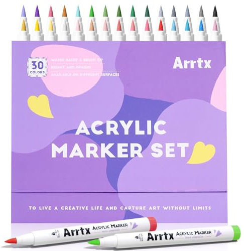 Arrtx Rotuladores de pintura acrílica de 30 A, marcadores de pintura acrílica, punta de pincel, marcadores acrílicos para pintura de roca, madera, cerámica, vidrio, lienzo, metal, plástico, tela