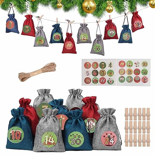 HOOPOE Adventskalender Zum Befüllen Stoff,24 Adventskalender Tüten Zum Befüllen,Adventskalender Zum Befüllen Kinder,Stoffbeutel Adventszahlen Aufkleber
