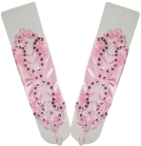 Wambere Spitzenhandschuhe für Frauen,elegante Handschuhe Paillettenröschen Spitzenhandschuh Hakenfinger-Spitze florale Handschuhe zum Binden für Hochzeit Bankett Kostümzubehör Party Abendessen,Rosa