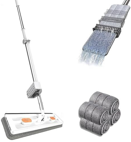 Balai Serpillère Microfibre,Balai Plat Lavage Sol Vadrouille de Nettoyage Rand Balai Plat Nouveau Style,Balais Plat Réglable Rotative à 360°avec Tampons Fibre Super Absorbants(Size:4 Pads,Color:White)