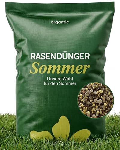 Organtic Sommerrasendünger 10kg, Hochwirksamer Dünger für sattgrünen Rasen, ideal bei Sommerstress, bekämpft Moos, niedriger Staubgehalt, geeignet für Streuwagen