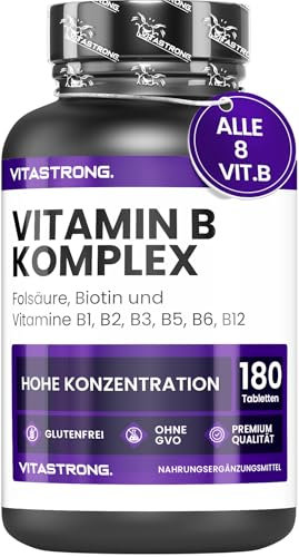 Vitamin B Komplex Hochdosiert Vitastrong, 1 Tablette pro Tag, 180 Tabletten Vitamine B-Gruppe Biotin, Thiamin Vitamin B1, Riboflavin B2, B3 Niacin, B5 Pantothensäure, Vitamin B6 B12 Folsäure