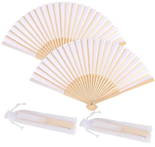 Handfächer, 2er Klein Handfächer aus Stoff für eine Abkühlung im Sommer, Faltbar Handfächer mit Fan-Tasche - für Hochzeite Bevorzugung Aufführung Tanz Dekoration (Weiß)