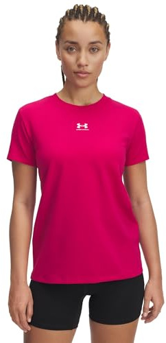 Under Armour Camiseta de Manga Corta UA Rival Core para Mujer, Color Fucsia/Blanco, XS