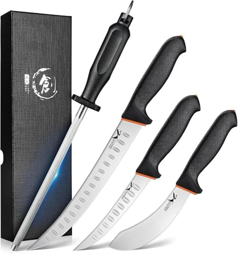 Golden Bird Butcher Knife Set - 4 Piece Professional BBQ Knife Set Include 6 Boning, 6 Skinning, 10 Butcher Breaking Knives & 8 Sharpener Rod, Gifts for Men Women