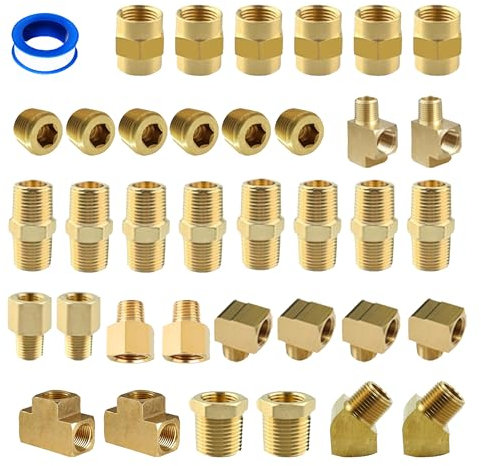 FloFlex Brass Fittings Assorted 37pcs 1/4 NPT Kit, Female Tee, Coupler, Pipe Plug, Extension, Reducing Adapter, Reducing Bushing, Metric Hex Nipple, Street Tee, 90 and 45 Degree Street Elbow