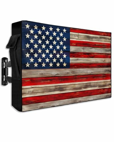 Lsrtoss American Flag Outdoor TV Cover 70-75 Inch Weatherproof, Vintage Wood Enclosure With Zipper & Roll Up Front Flap, Red Striped Blue Star Waterproof for Outside Flat Screen