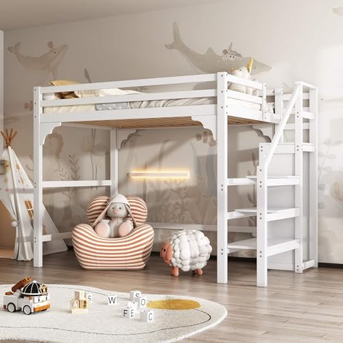 YCYDHDM Hochbett 140 x 200 cm mit Kleiderschrank und Rausfallschutz, Kinderbett Etagenbett mit Lattenrost und Treppe, Stauraumbett für Kinderzimmer, Bettgestell aus Kiefernholz, Weiß