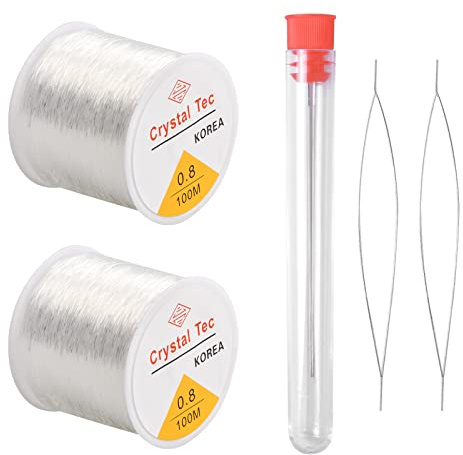 Rapidbok 2 Pièces 100M Fils de Perles Élastiques, Bijoux Cordon avec L'aiguille de Perle, Perle Fil Transparent pour Bracelet, Fil Peche éLastique pour DIY Fabrication, Décorations, Perles (0,8 MM)