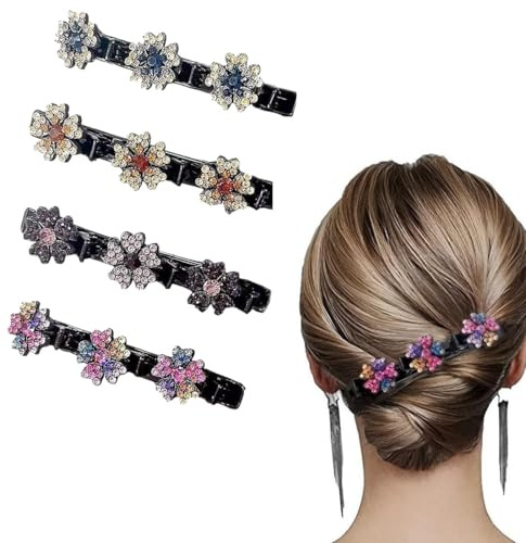 4 Stück Doppelschicht Haarspange, Kolibri Haarspange mit Kristallblume, Glitzer Haarspangen, Geflochtene Haarspangen, Haarschmuck Blumen, Damen Mädchen für Elegante Haarstyling Clips