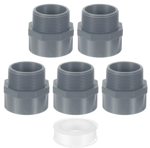 QUARKZMAN 5Pcs 63mm Adaptador Macho de PVC para Conexión de Tuberías, Conectores de Tubería de PVC de 2 Vías con Cinta Selladora (Enchufe x Rosca de Tubería Macho) (Gris)