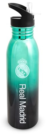 Hy-Pro Officiellt licensierad Real Madrid CF UV vattenflaska – 700 ml, metallisk, rostfritt stål, integrerad hopfällbar strå, läckagesäker, lätt, bra fotboll presentidé