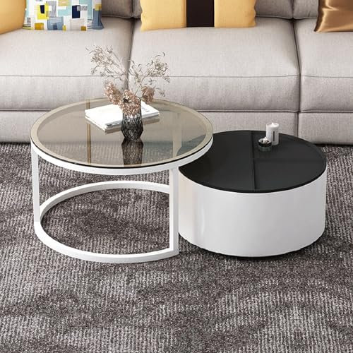 Modernes Couchtisch-Set aus Glas, rund, Satztische mit Stauraum, 76,2 cm, runder Beistelltisch und C-förmiger Beistelltisch für Sofa, Schwarz