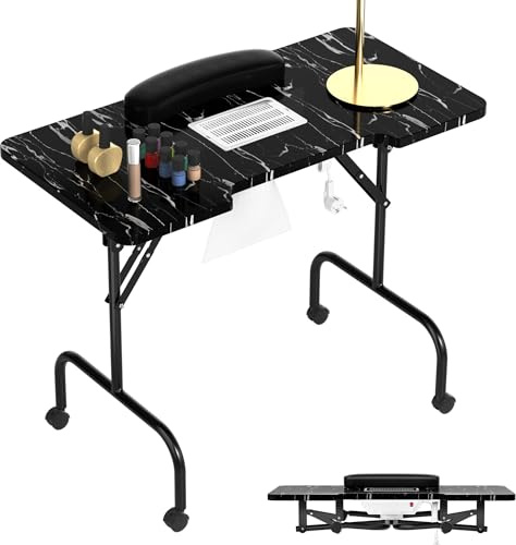 YRHome Table de manucure pliable avec aspiration - Table de manucure portable avec roulettes et sac de courses - Table de salon de manucure avec aspiration de poussière - Table de manucure portable