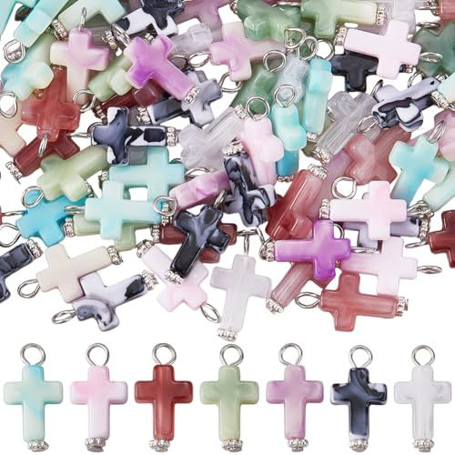 SUNNYCLUE 1 Box 105 Stück 7 Farben Acryl Kreuz Anhänger Osterkreuz Anhänger Undurchsichtig Rosenkranz Edelstein Imitation Kunststoff Baumperlen Für Die Schmuckherstellung Schlüsselanhänger DIY Bastela