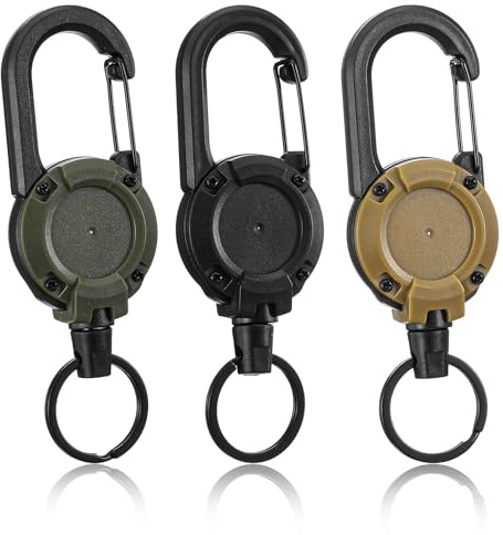 ValueBargain Retractable Keychain Heavy Duty, 3 Pack - ID Badge Reel with Key Ring, Outdoor Retractable Badge Holder for Work/Camping (Black, Dark Green, Khaki)