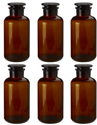 UNIQUE HOME LIVING Apothecary Jar Set of 6 Reagent Bottles, 1000ml Amber Glass Storage Jar with Lid, Reusable Vintage Refillable Container for Essential Oils, Bath Salts, Lotion, Perfume