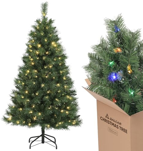 SALCAR künstlicher Weihnachtsbaum mit Beleuchtung, 150 cm hoher Kleiner Tannenbaum mit warmweißer und RGB Christbaumbeleuchtung, PVC Christbaum für Weihnachtsdekoration