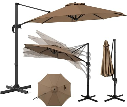 RELAX4LIFE Parasol Déporté 3x3M Rotatif à 360° (base croisée,Marron) | Parasol de jardin inclinable avec 5 angles réglables et 8 baleines pour plage piscine