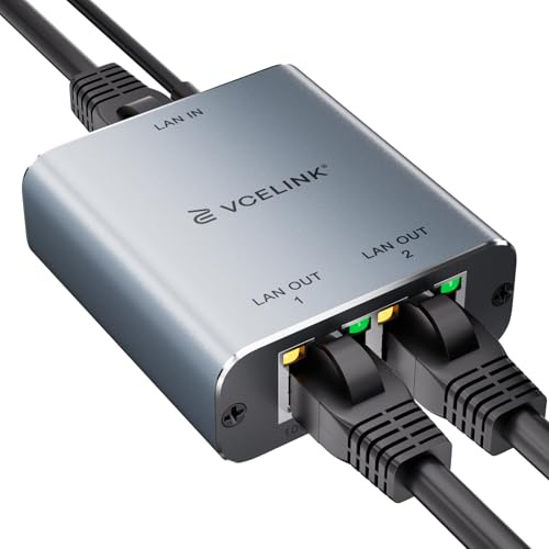 VCELINK Switch RJ45 2 Ports, Switch Ethernet Splitter Gigabit 1 a 2 1000Mbps, Divisor de Internet LAN, Conmutador de Red RJ45 Compatible con Ordenadores, Hubs, Televisores