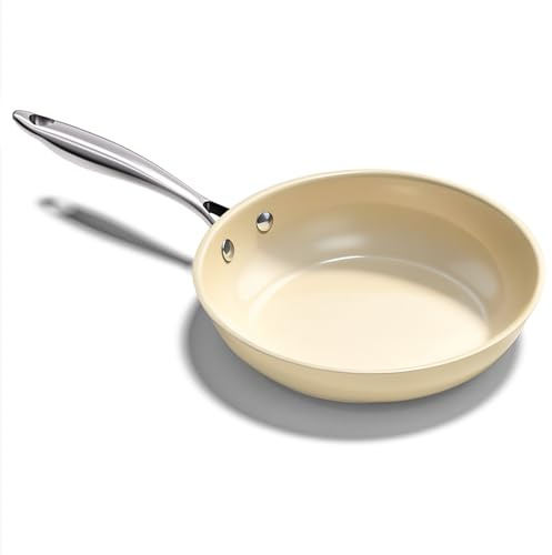 UUKRAVE Ceramic Nonstick Frying Pan 24cm, Omelette Egg Pan, Non-Stick Frying Pan for Cooking with Stay Cool Handle for Induction, 9.5 Inch Skillet, PFAS/PTFE/PFOA-Free, Oven Safe Max to 250°C, Cream