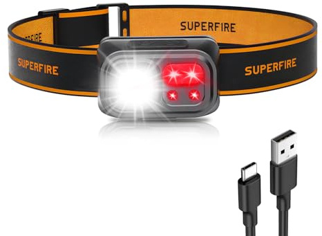 SuperFire Stirnlampe LED Wiederaufladbar USB C mit Bewegungssensor,Kopflampe 2000 Lumen Helligkeit, Dimmbar mit 9 Modi Rotes Licht, IP44 Wasserdicht für Outdoor Wandern Camping Joggen
