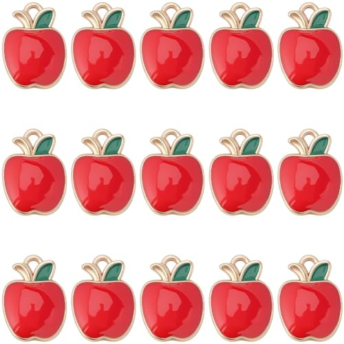 SUNNYCLUE 1 Box 30 Stück Lehrer Anhänger Obst Emaille Anhänger Weihnachten Rote Äpfel Lebensmittel Goldene Legierung Schule Metall Kleine Anhänger Fundstücke Für Die Schmuckherstellung Halsketten Armb
