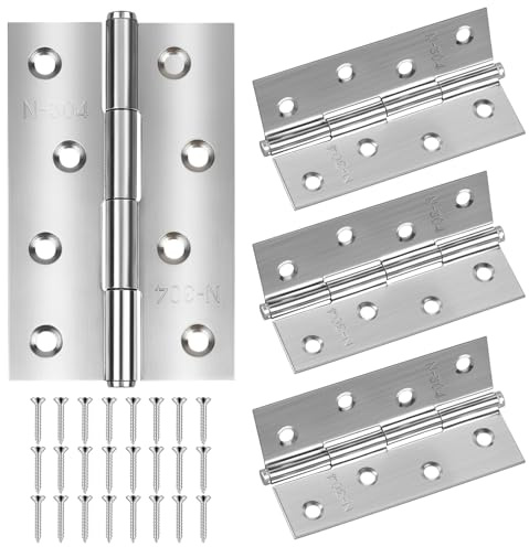Stainless Steel Door Hinges：4 Pcs 88mm × 54mm, Metal Hinge for Wood Internal Doors, Windows, Closet, Drawer, Boxes - Contains 24 Screws