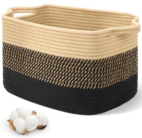 Alyvisun Petit Panier Rangement, Corbeille à Linge pour Chambre, Salon, Chambre de Bébé, Panier de Rangement Rectangulaire en Coton pour Jouets, Couvertures, Serviettes, Vêtements Sales, 33x25.5x23 cm