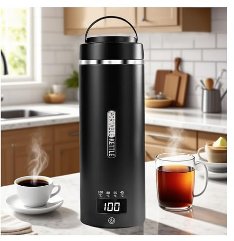 Bollitore piccolo 450 ml – 4 impostazioni di temperatura Mini bollitore per il collegamento in acciaio inox 304 da viaggio con funzione di spegnimento automatico (nero)