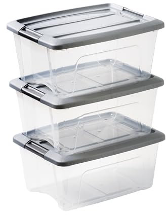 Iris Ohyama, Boite Rangement Plastique avec Couvercle, 15L, Lot de 3, Argent, Clips de Fermeture, Poignée, Empilable, Organisation Solide & Durable, pour Chambre, Dressing, Bureau, NTB-15