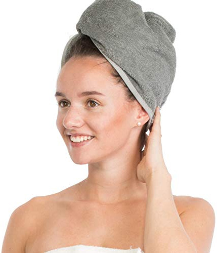 Brandsseller Haarturban Haartrockentuch Kopftuch Haarkappe Handtuch mit Knopf 100% Baumwolle Grau
