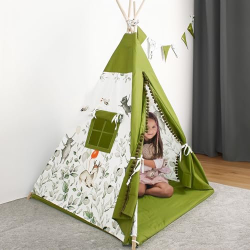 PaLulli Tipi Spielzelt für Kinder mit Matte & Anti-Kollaps-System & 4 Dekokissen Baumwolle- Segeltuch Kinderzelt (Bambi)