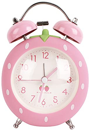 Meyaus 3in Small Strawberry Loud Twin Bell Plastic Alarm Clock Silent Analog Quartz Nightlight Clock