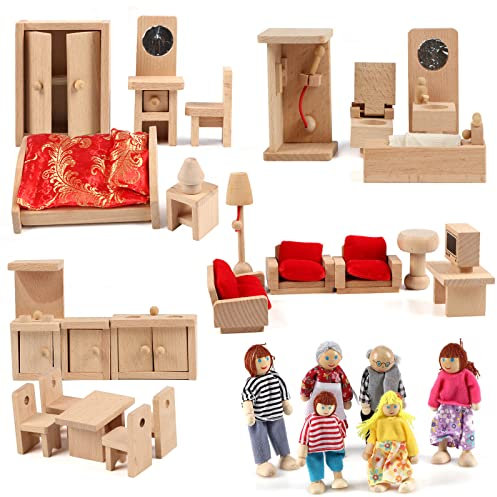 KABENFIS 39PCS 5 Set Puppenhaus Möbel Zubehör mit Einer Familie von 6 Puppen Dekoration Rollenspiel Spielzeug für Mädchen Jungen