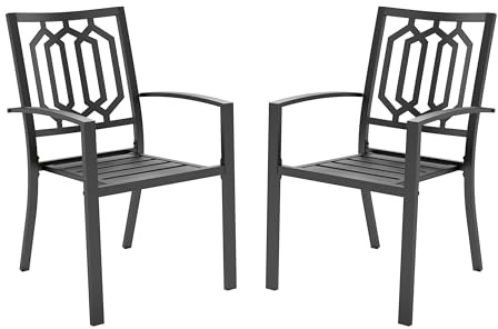 PHI VILLA Gartenstühle Metall 2er Set Outdoor Stapelbar Esszimmerstühle | Rostbeständig E-beschichtet Metall Stapelstühle, Mit Armlehnen, 136 kg Tragkraft, Schwarz