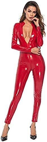 Women Patent Leather Bodysuit Sexy Clubwear Bodysuit Adult Cosplay Costumes Motorcycle Dancewear,Red,4X-Large