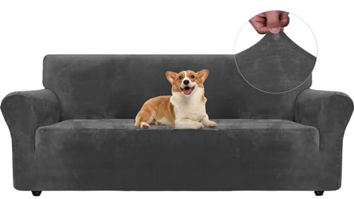 Ystyle Funda Sofá 3 Plazas, Terciopelo, Ajustable, Protector de Sofá para Gatos y Perros, con Reposabrazos, Gris