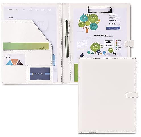 KINGFOM Schreibmappe A4 Ordner Klemmbrettmappe Konferenzmappe aus PU-Leder, Mappe mit Klemmbrett & DIN A4 Notizblock (Weiss)
