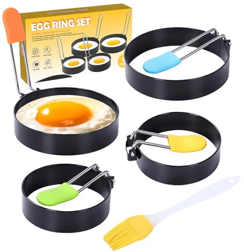 Tomtary 4Pcs Egg Ring Stainless Steel Egg Ring Molds with Anti-Scald Silicone Handle and Oil Brush Non Stick Round Egg Pancake Molds for Kitchen Omelets Bread Sandwiches Burgers