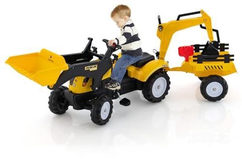 COSTWAY 3 en 1 Tractopelle Enfant avec Pelle & Remorque Amovible, Tracteur à Pédales Enfants avec Volant & 6 Pneus Durables, Charge 35kg, Pelleteuse pour Enfant de 3-6 Ans (Jaune)