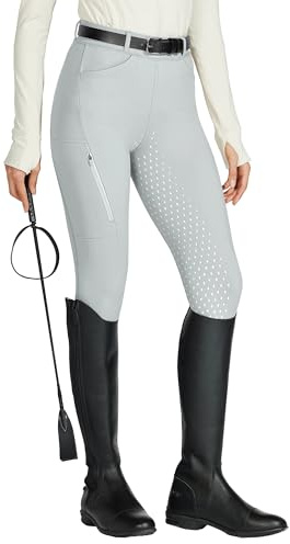 WILLIT Leggings de equitación para mujer, de silicona, con cintura alta, elásticos, con bolsillo de cremallera, trabillas para cinturón, gris claro, S