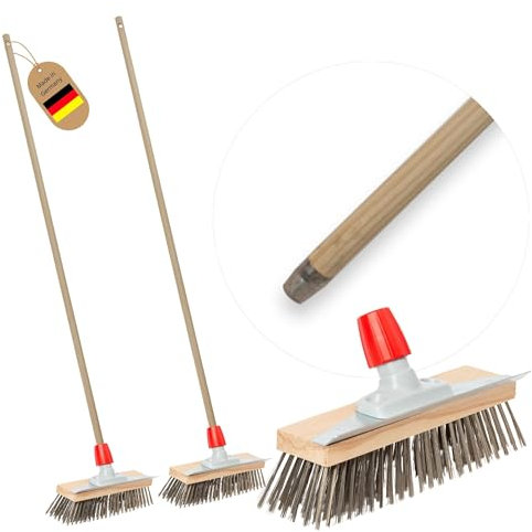 Novaliv 2X Robuster Drahtbürste mit Stiel - Stahlbesen mit Holzstiel, Effiziente Moosentfernung, Straßenbesen, für Pflastersteine & Garten, Stahlbesen, Mooskratzer, Pizzabesen, Pizzastein Bürste