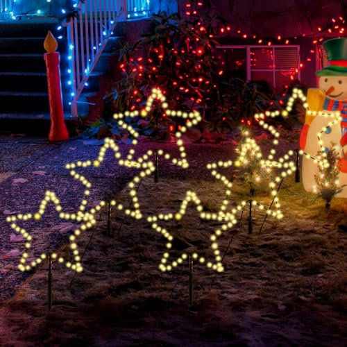 SALCAR 5 m di illuminazione natalizia per esterni, confezione da 6 stelle a LED, decorazione natalizia da giardino, illuminazione esterna con picchetto, stelle nere, bianco caldo