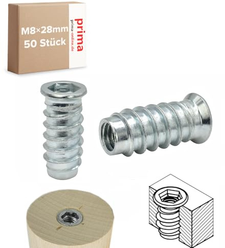 Einschraubmutter M8 x 28 mm – Einschraubmuffen/Eindrehmuffen aus verzinktem Stahl – Innengewinde für Holzbau & Möbelbau (50 Stück)