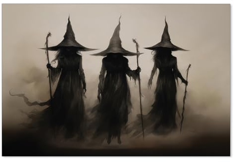 WBSTGUE Wandkunst, gruselige Hexe, stimmungsvolle dunkle Gothic-Poster, Halloween, Vintage-Raumdekoration, ästhetische drei Hexen, die Zauberstäbe halten, rustikale Wanddekoration, 40,6 x 61 cm