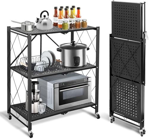 Faltbare Regal mit Rollen, Klappregal Rollregal, 3 Etagen Metallregal Küchenregale Regal Trägt Bis Zu 120 Kg - Keine Montage Erforderlich für Wohnzimmer, Küche & Keller, 72 X 34 X 85cm, Schwarz