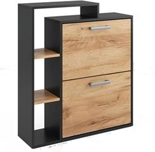 DUPI Zapatero con Estantería Aitana | 2 Puertas Oscilantes | 4 Baldas para 20 Zapatos | Diseño Minimalista | Madera Aglomerado | Taupe-Negro | 2 Cajones