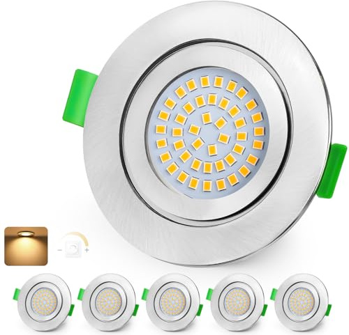 KYOTECH LED Einbaustrahler 230V Dimmbar 60-75mm Ultra Flach LED Spots 5W IP65 Bad Einbauleuchten Deckenspots Warmweiß 2700K Einbauspots für Badezimmer Wohnzimmer, Nickel 6er Set (Nicht Drehbar)