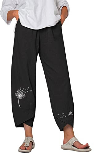 7/8 Sommerhose Damen Leicht und Luftig,Leinenhose Sommer Caprihose Baumwolle- 3/4 Freizeithose Stoffhose Mit Taschen High Waist Weite Lässig Hose Elastische Taille Leinen Hose Relaxhose